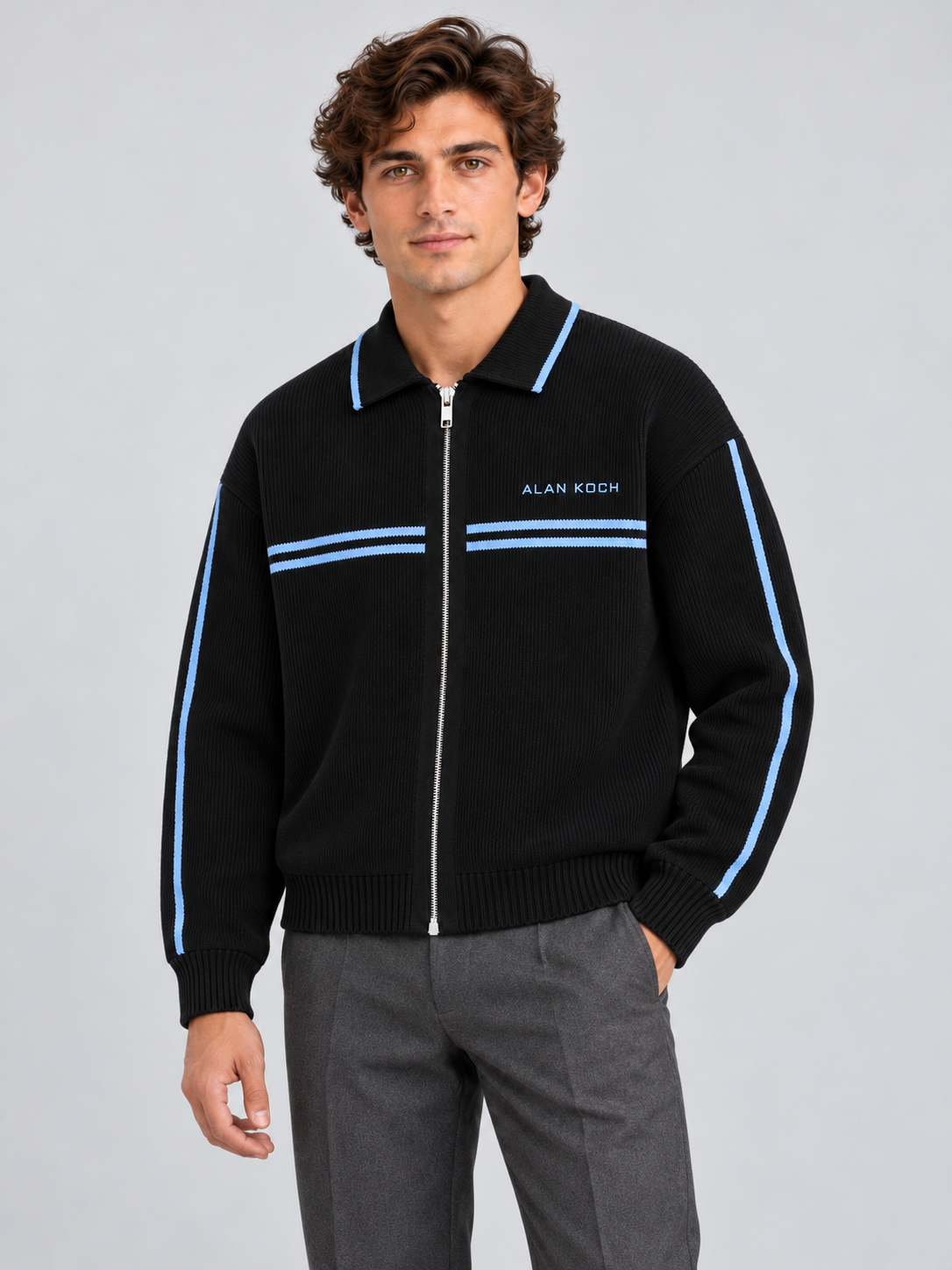 Varsity Stripe Knit Jacket – Black Blue
