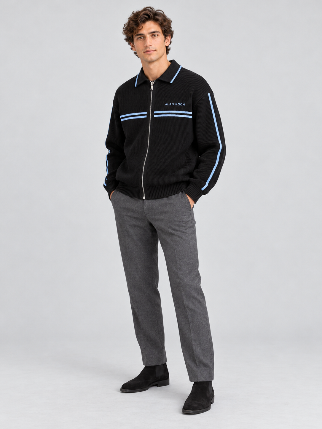 Varsity Stripe Knit Jacket – Black Blue
