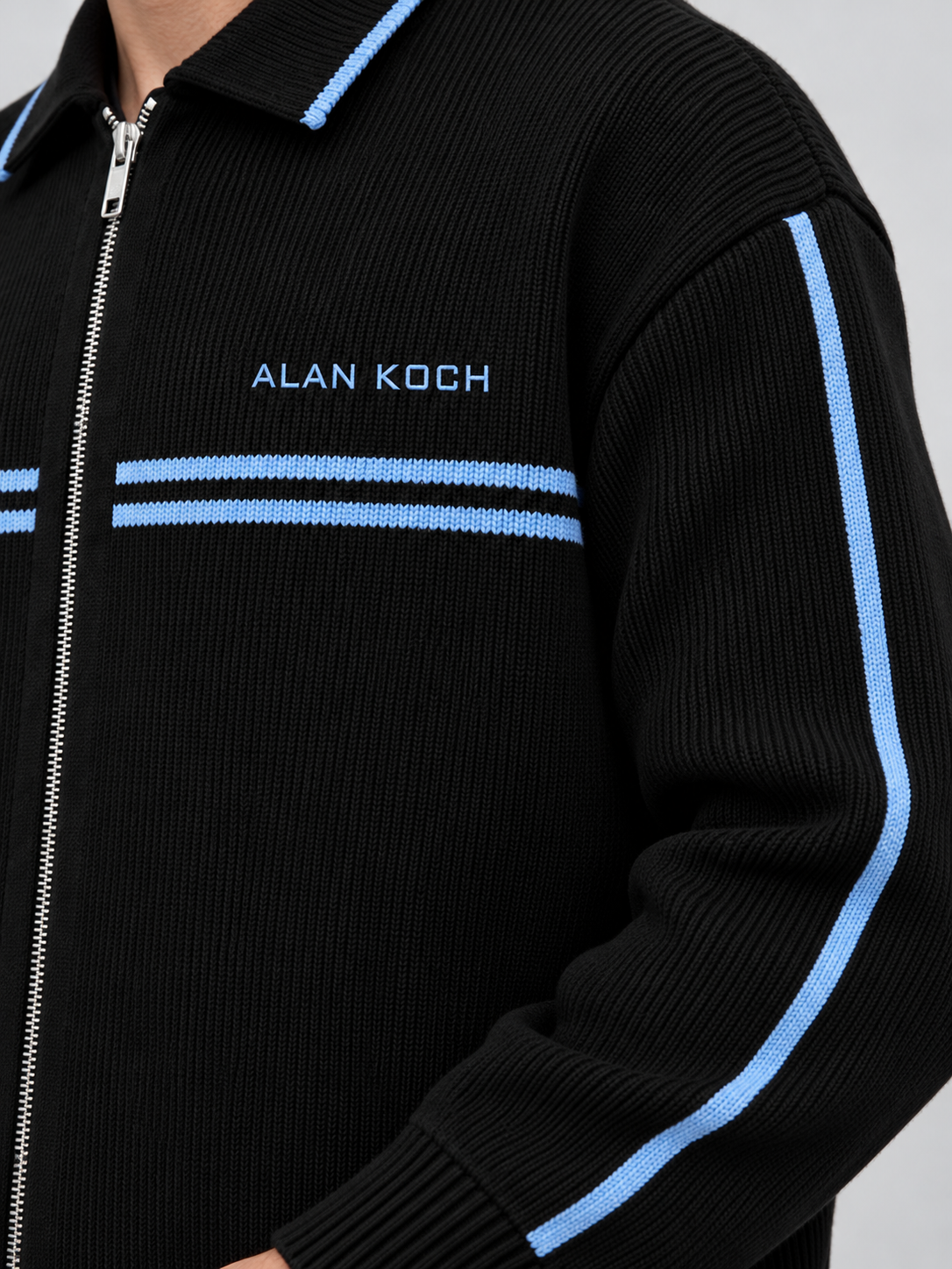 Varsity Stripe Knit Jacket – Black Blue