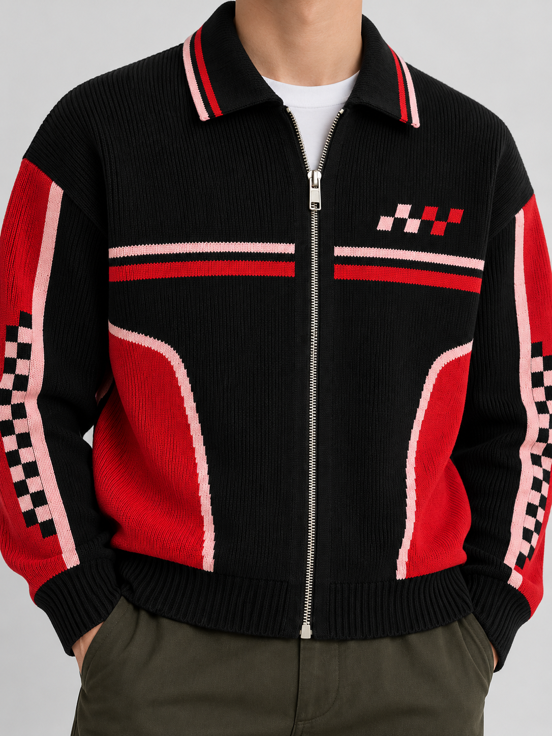 Vintage Racing Knit Jacket – Black Red