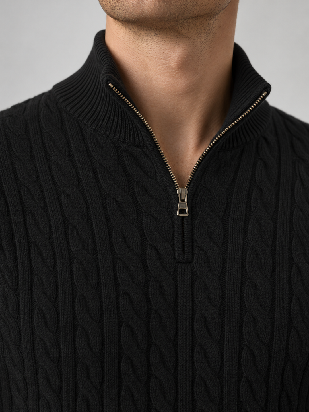 Heritage Cable Knit Quarter-Zip Sweater – Noir Black
