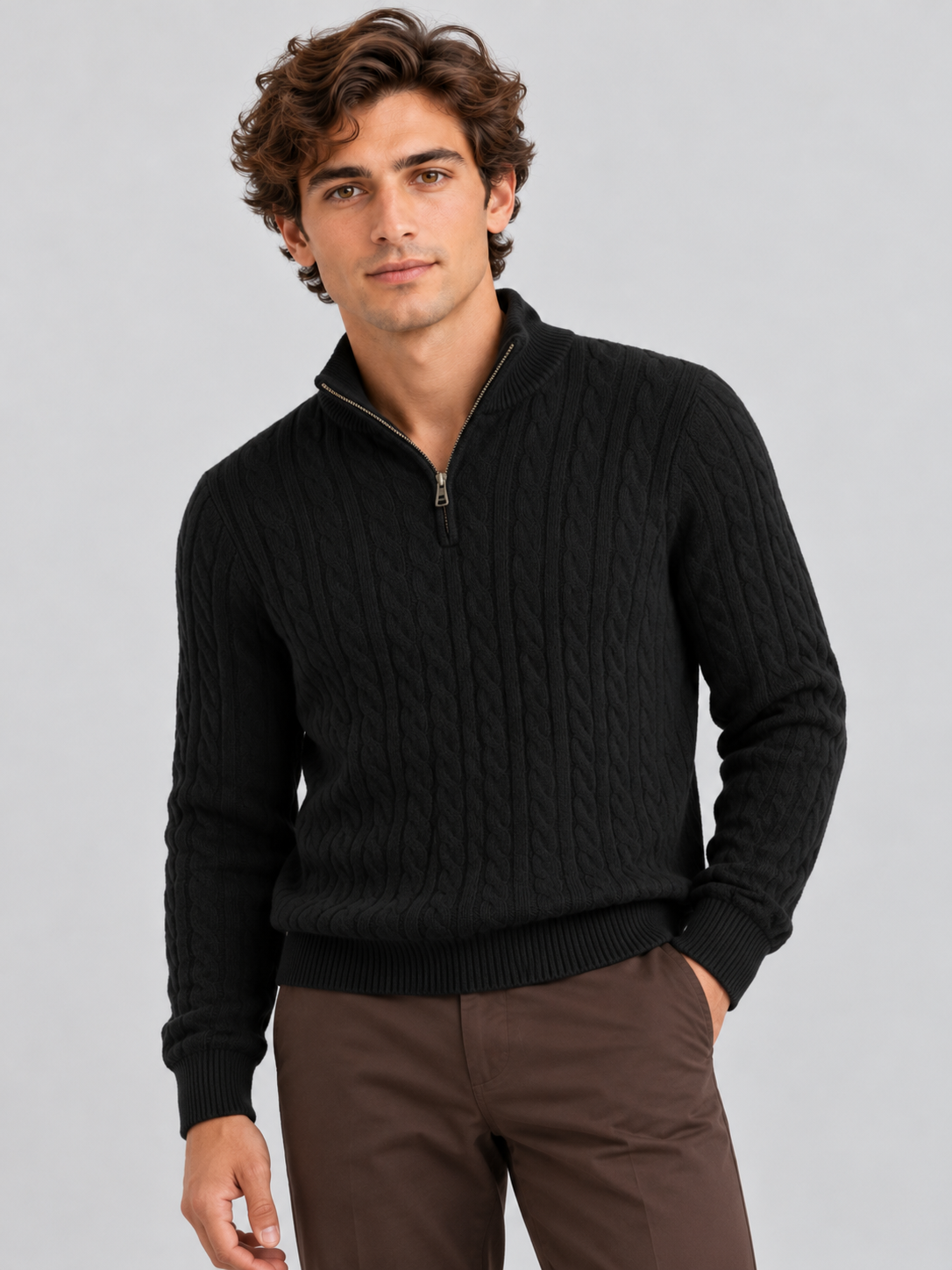 Heritage Cable Knit Quarter-Zip Sweater – Noir Black