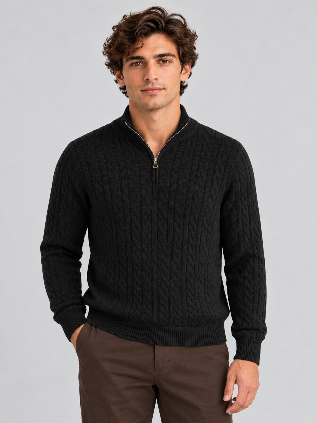 Heritage Cable Knit Quarter-Zip Sweater – Noir Black