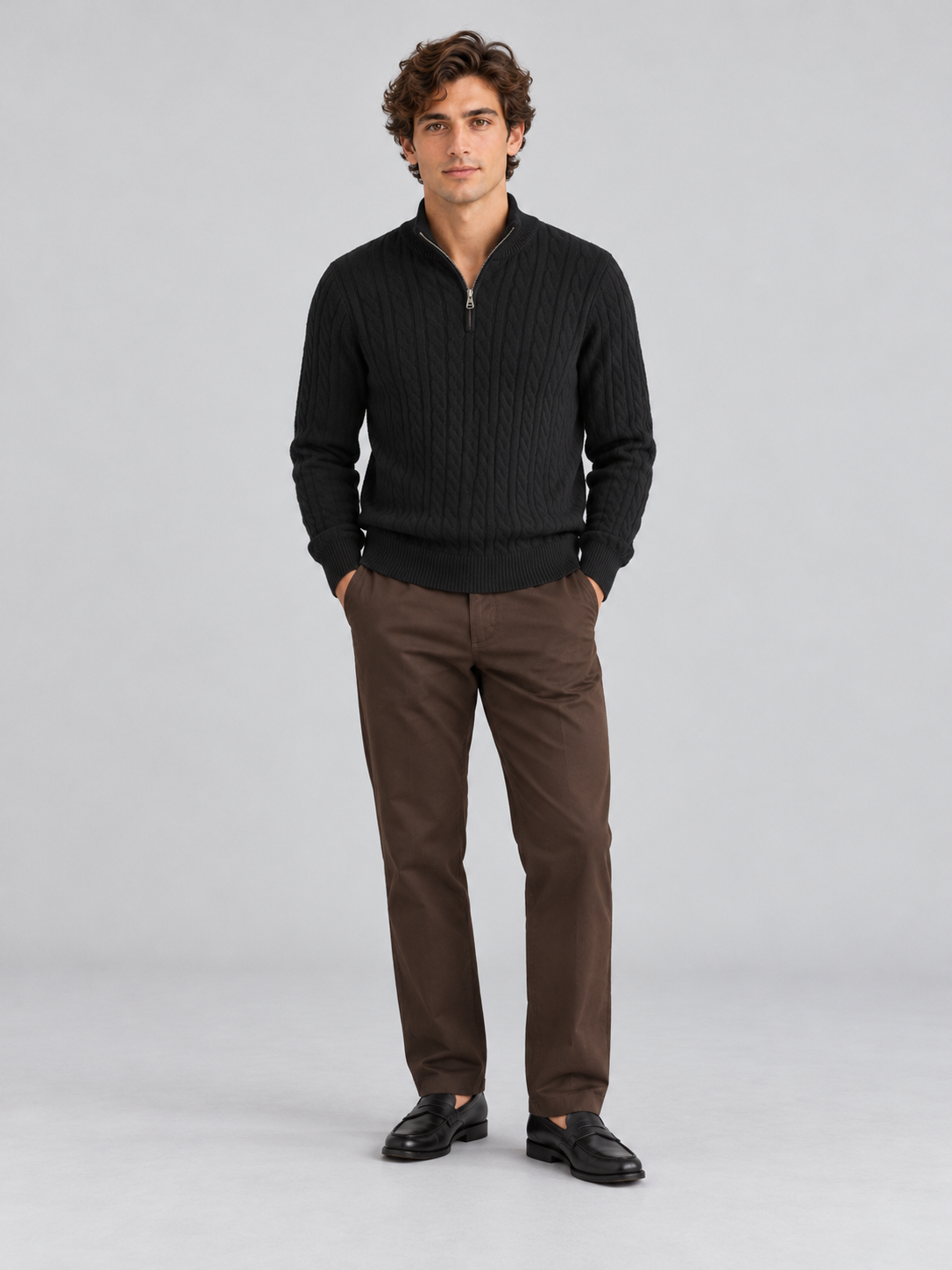 Heritage Cable Knit Quarter-Zip Sweater – Noir Black