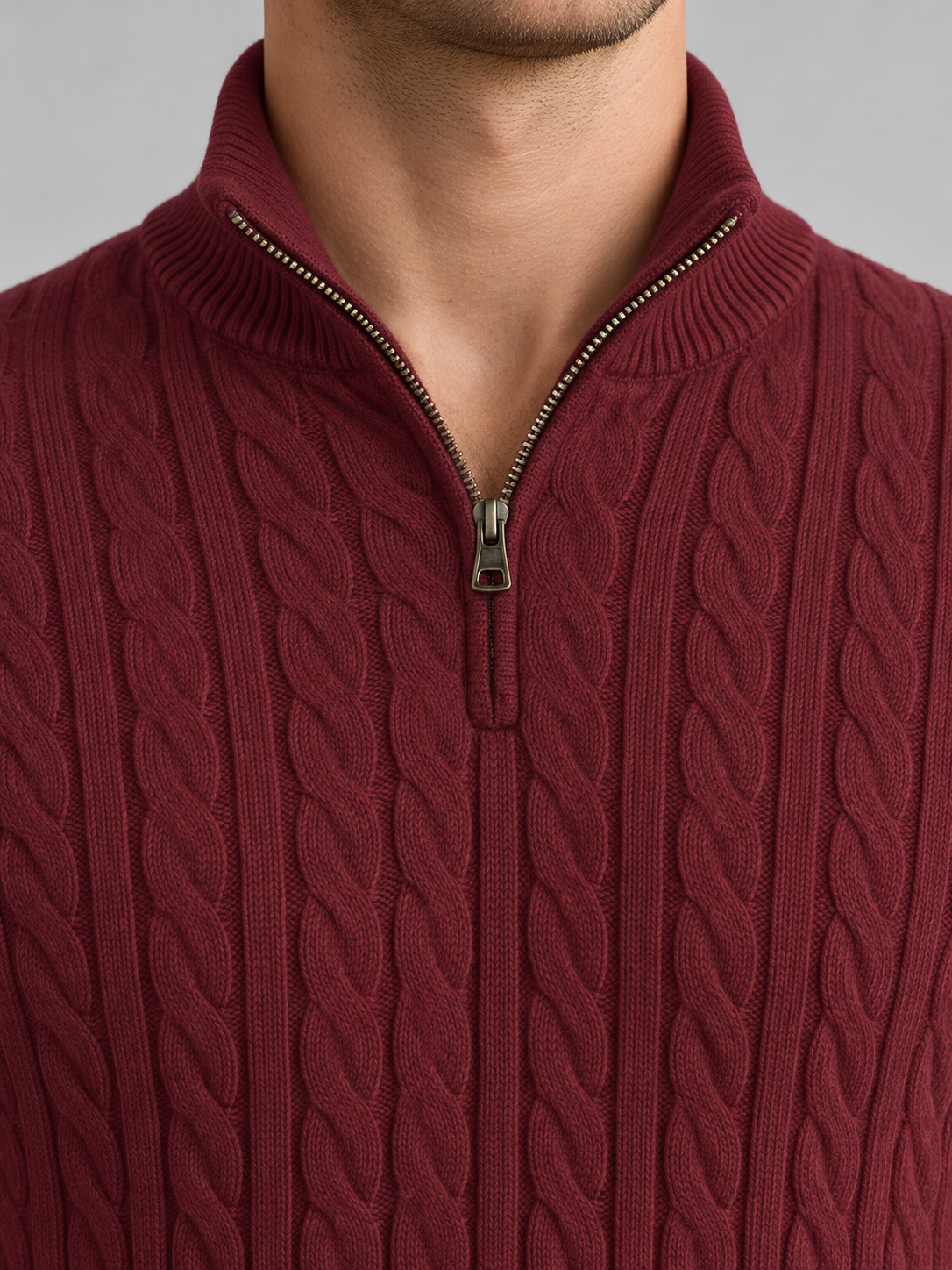 Heritage Cable Knit Quarter-Zip Sweater – Burgundy