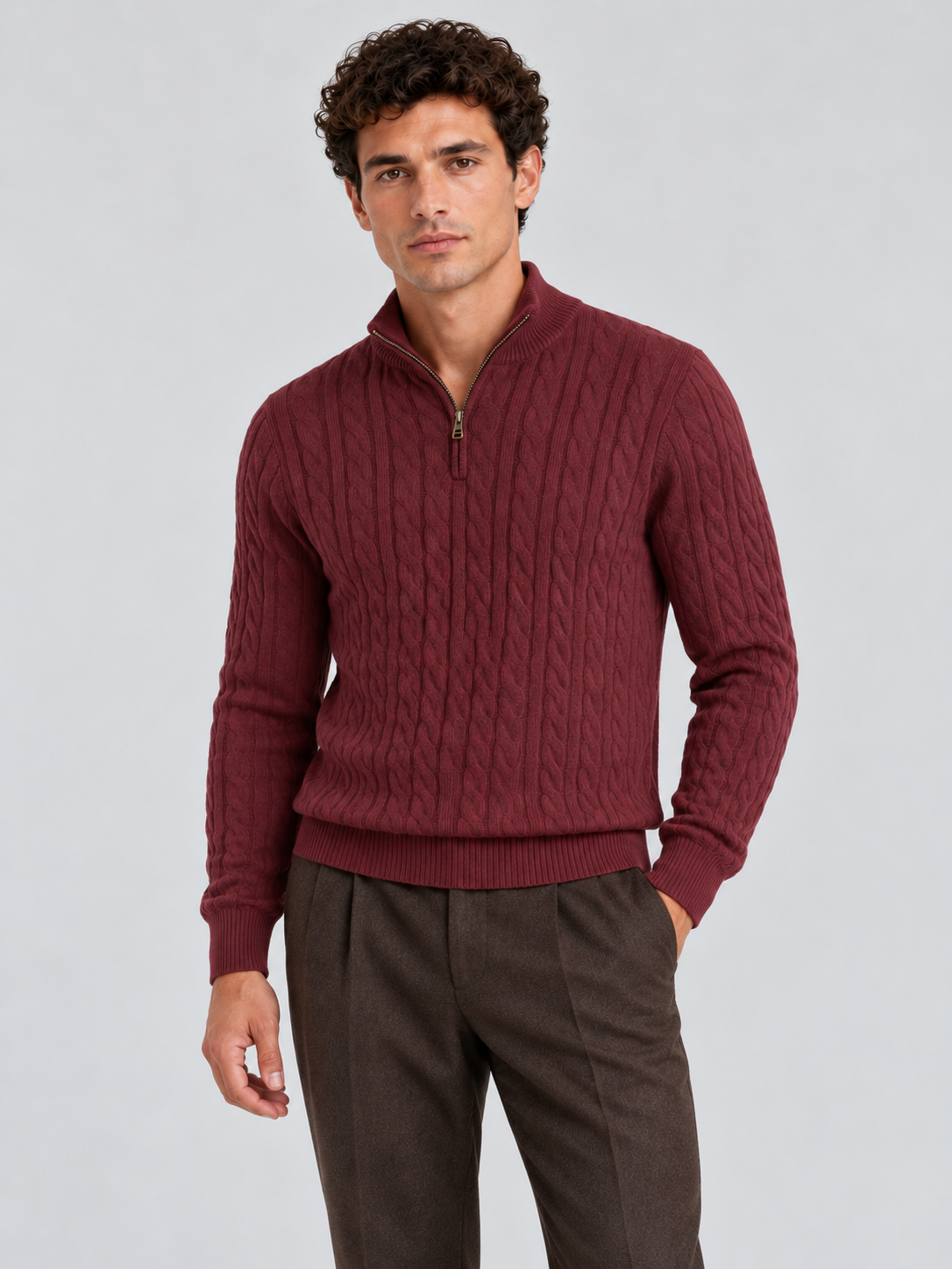 Heritage Cable Knit Quarter-Zip Sweater – Burgundy
