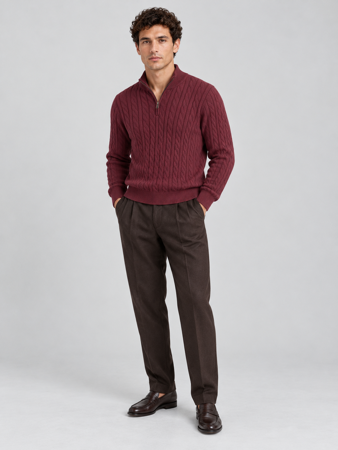 Heritage Cable Knit Quarter-Zip Sweater – Burgundy
