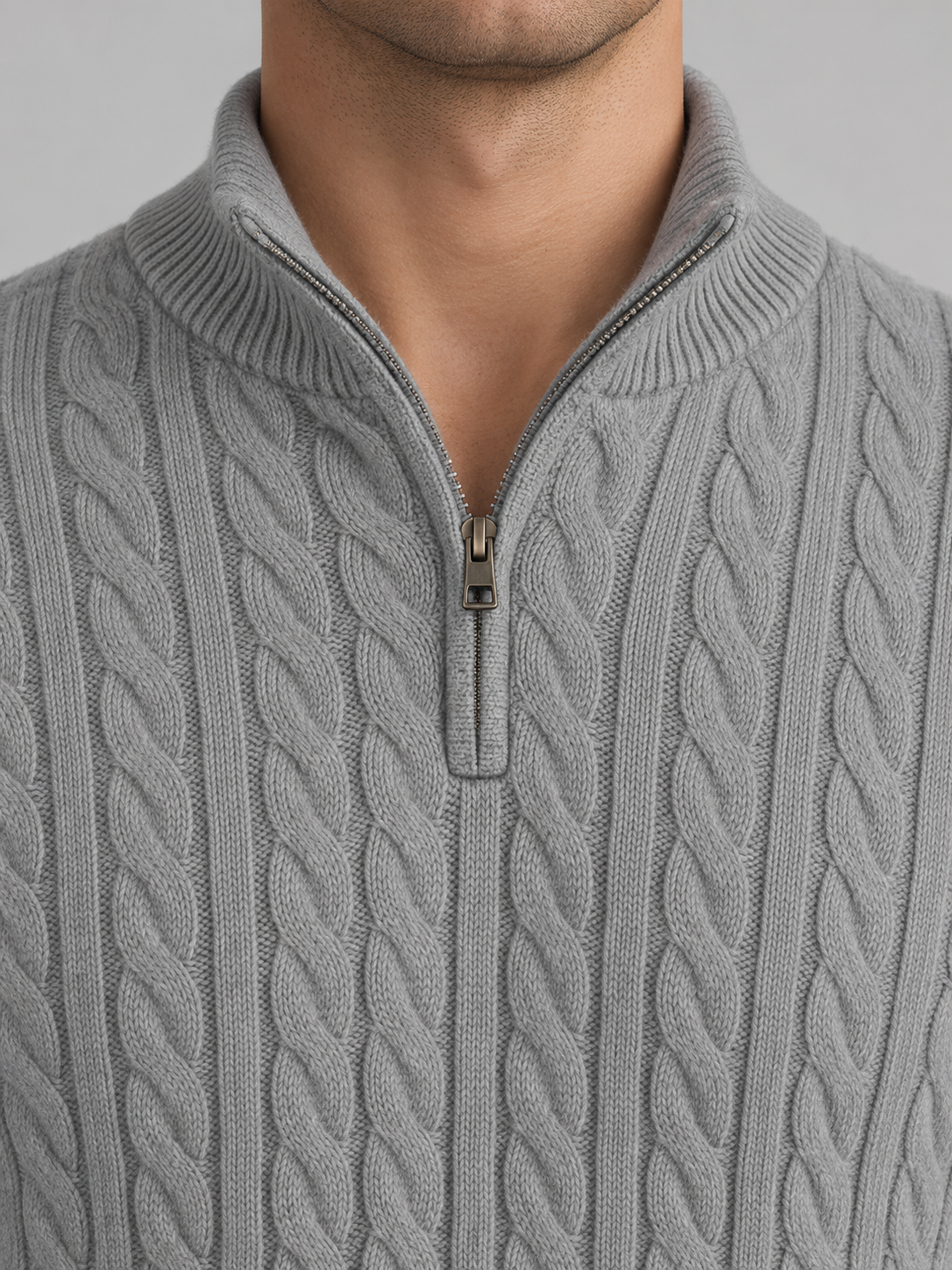 Heritage Cable Knit Quarter-Zip Sweater – Heather Grey