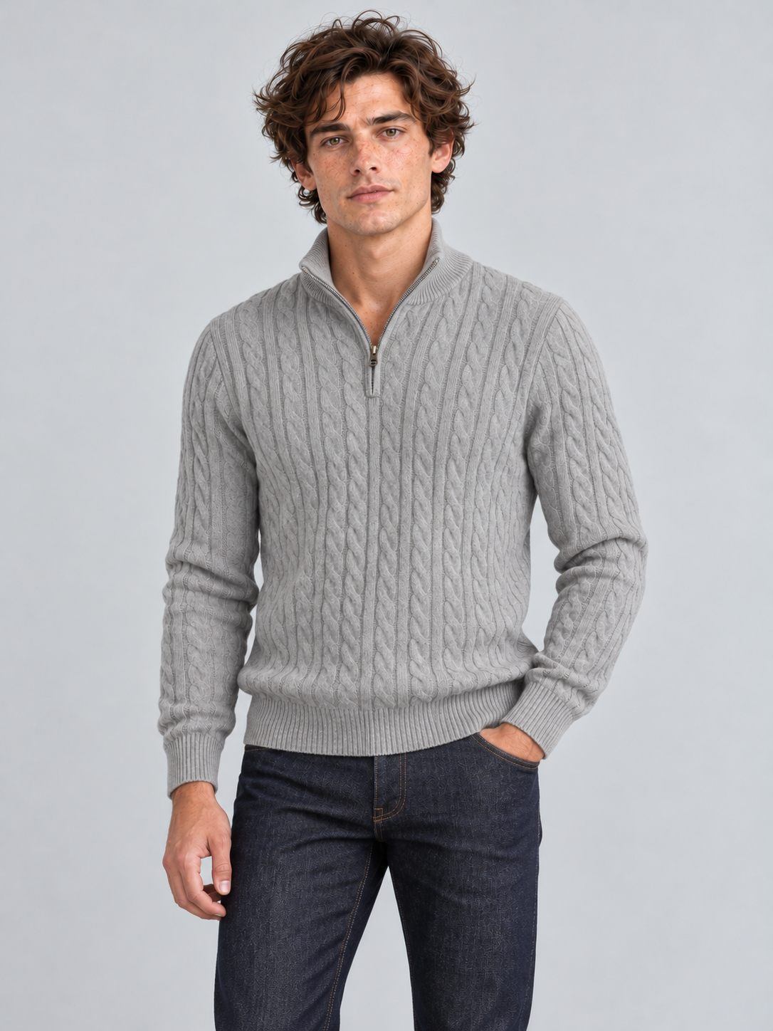 Heritage Cable Knit Quarter-Zip Sweater – Heather Grey