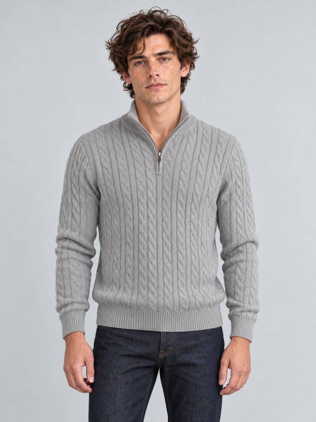 Heritage Cable Knit Quarter-Zip Sweater – Heather Grey
