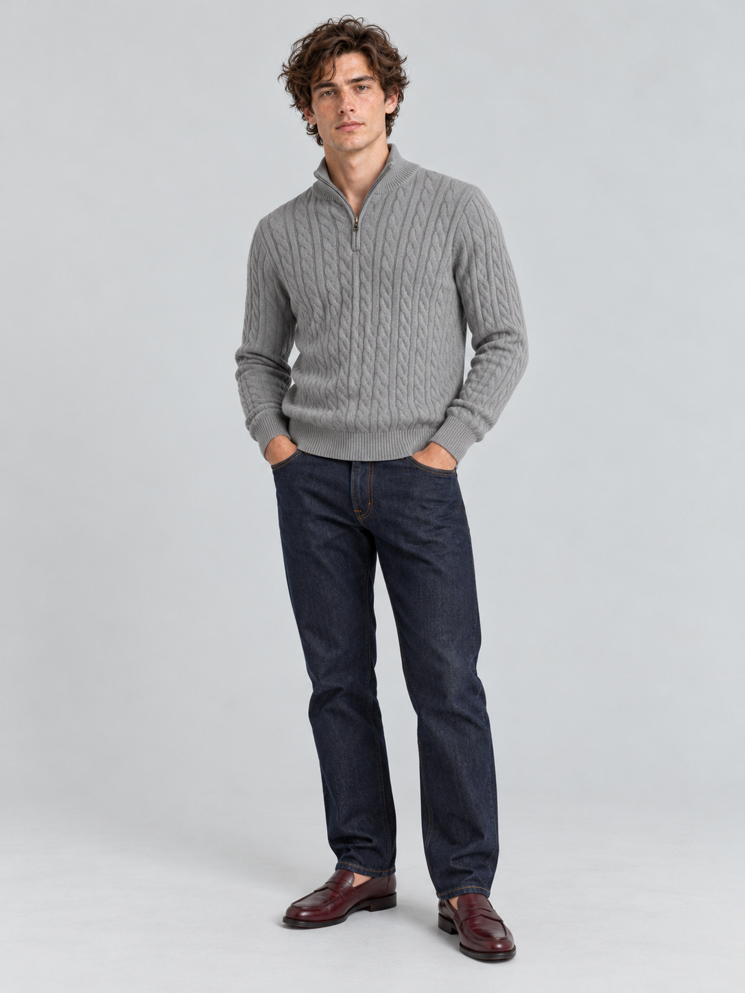 Heritage Cable Knit Quarter-Zip Sweater – Heather Grey