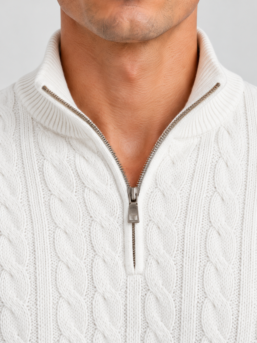 Heritage Cable Knit Quarter-Zip Sweater – White