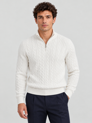 Heritage Cable Knit Quarter-Zip Sweater – White