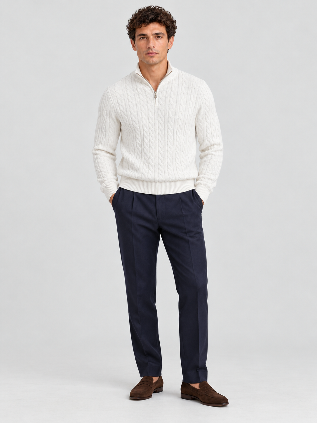 Heritage Cable Knit Quarter-Zip Sweater – White