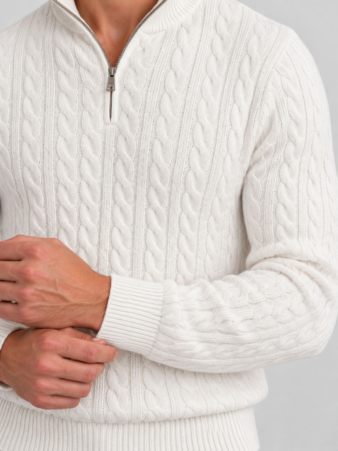 Heritage Cable Knit Quarter-Zip Sweater – White