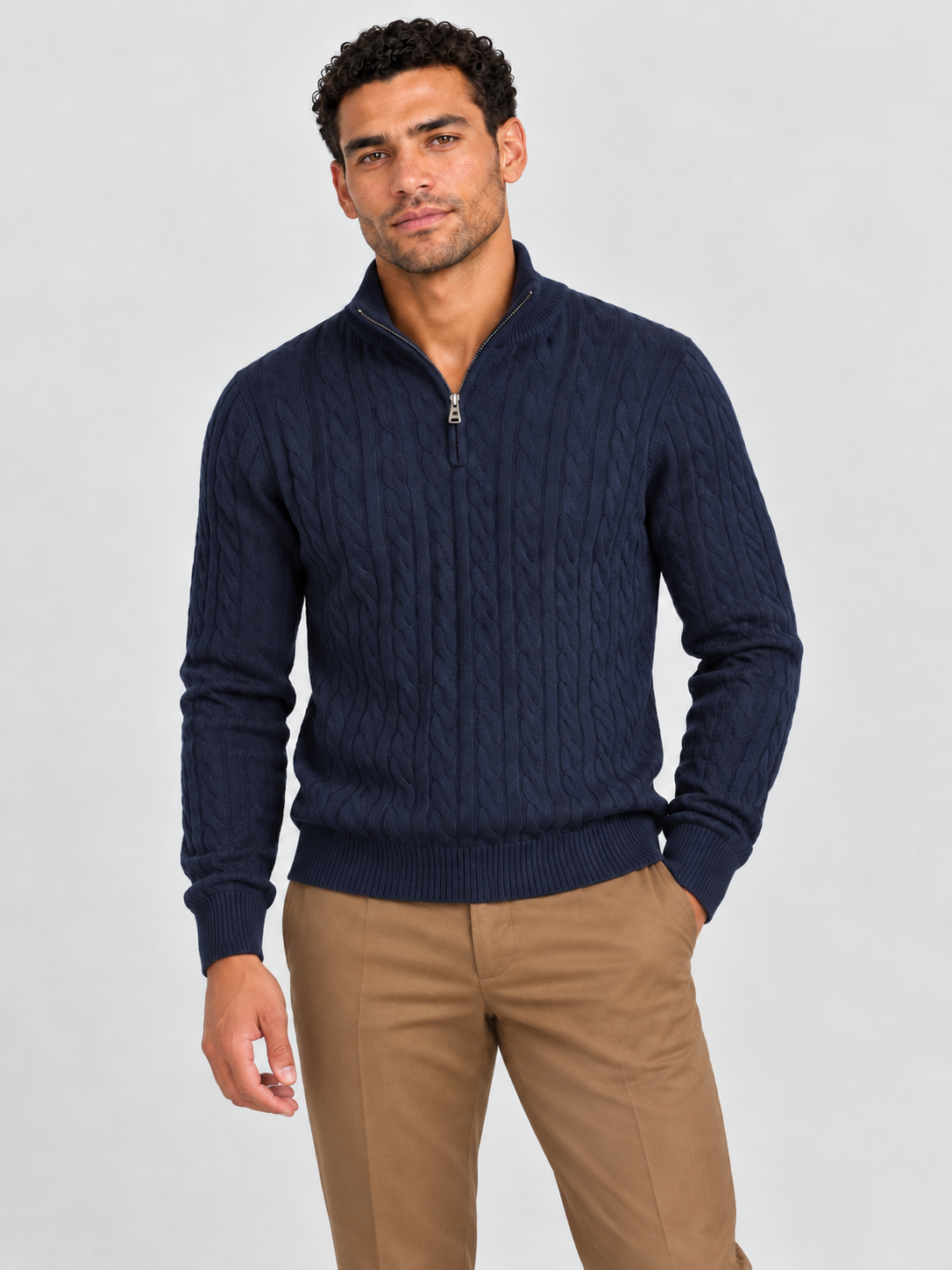 Heritage Cable Knit Quarter-Zip Sweater – Navy Blue
