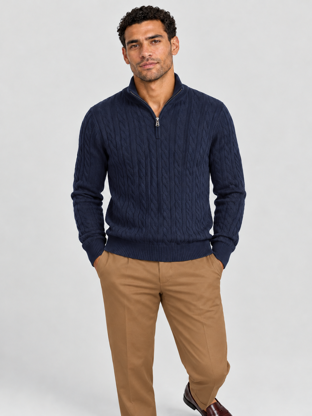 Heritage Cable Knit Quarter-Zip Sweater – Navy Blue