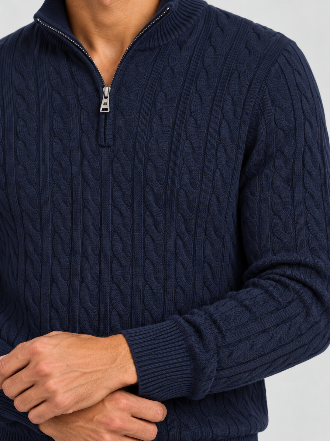 Heritage Cable Knit Quarter-Zip Sweater – Navy Blue