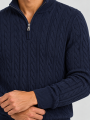 Heritage Cable Knit Quarter-Zip Sweater – Navy Blue