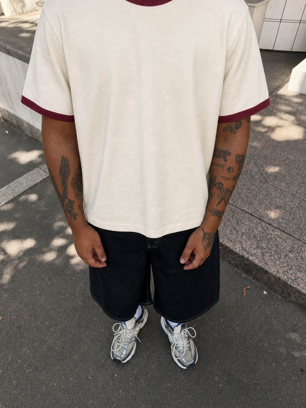 Coastline Ringer Tee – Deep Maroon – model front