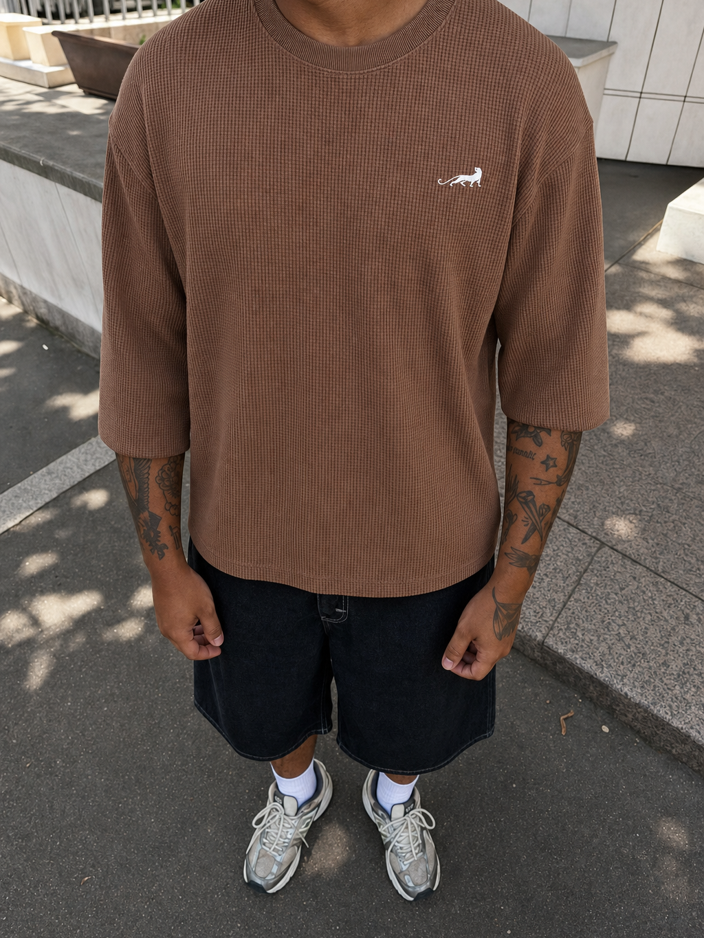 Reserve Relaxed Waffle Tee - Burnt Umber – model front